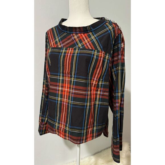 J.Crew Funnelneck shirt in Stewart tartan with jeweled buttons on shoulder stewa - Picture 2 of 12